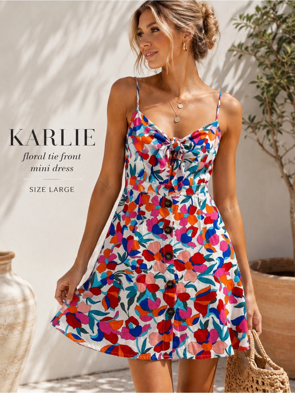 KARLIE ColorfulFloral Linen Blend Tie Front Mini Dress Size Large Summer Wedding